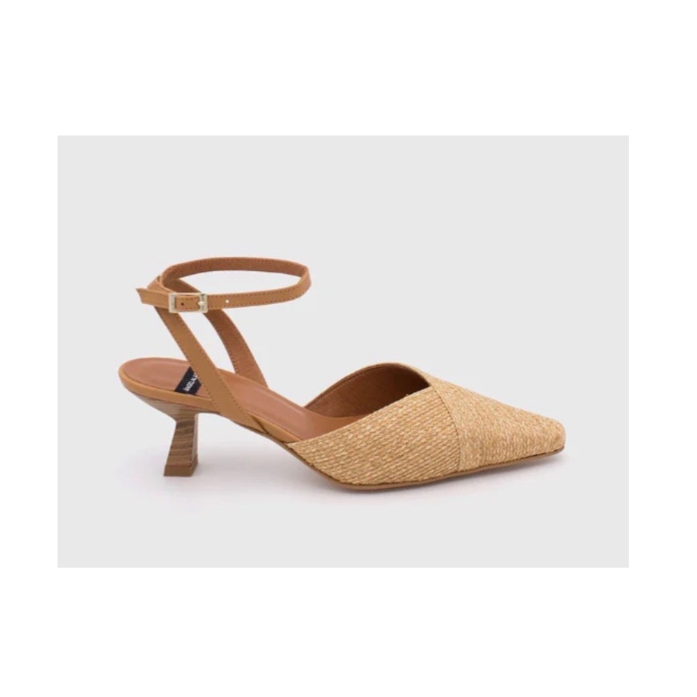 ANGEL ALARCON Helen Raffia Woven Slingback Heels Tan Leather Ankle Strap Size 39